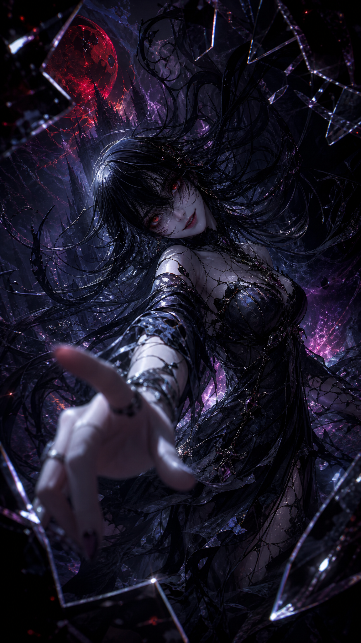 (masterpiece, best quality, 8k resolution, Unreal Engine 5 physically based rendering:1.2), next-gen AAA game character asset, surreal dark fantasy aesthetic, eldritch gothic style, [Camera & Composition]: Dutch angle shot, tilted camera, ultra-wide angle lens, cowboy shot, diagonal composition, frame within a frame composition formed by floating shattered obsidian glass and twisting dark thorns, [Character]: 1girl, Top-tier Japanese dark fantasy game CG, mesmerizing abyssal witch, elegant, dangerous and surreal, [Face & Expression]: (hyper-detailed beautiful female face, flawless dead-pale porcelain skin with cold SSS, high Albedo, beautiful yet insane smirk, yandere tendency, dark gothic makeup, glowing crimson eyes with intricate crystal refraction, side glance at the viewer:1.4), [Hair & Clothing]: extremely long black hair defying gravity, floating dynamically like tentacles, Keratin anisotropy. surreal avant-garde dark gothic dress morphing into black smoke at the edges, intricate translucent dark silk with wave optics Moiré effects, shattered porcelain joint details on arms, [Pose & Interaction]: floating in a twisted abyssal void, torso twisted, finger gently touching the camera lens:1.2, reaching out from the darkness, [Lighting & Atmosphere]: dramatic high-contrast cinematic lighting, pitch-black background with deep abyssal purple and blood-red magical environment glow, cold 6500K sharp rim light peeling her from the void, volumetric fog, floating ashes.
